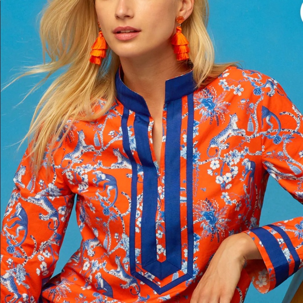 Capri tunic in whimsical orange and blue.